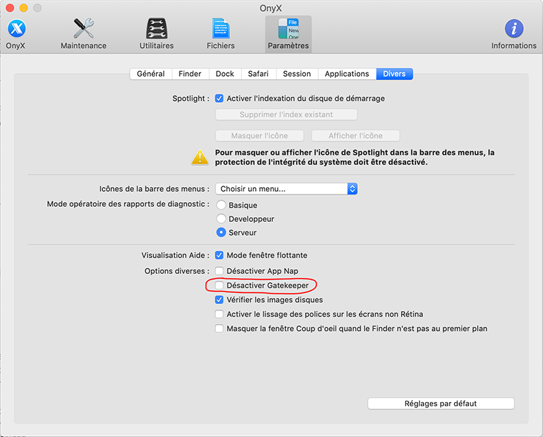 Cocher pour désactiver Gatekeeper.